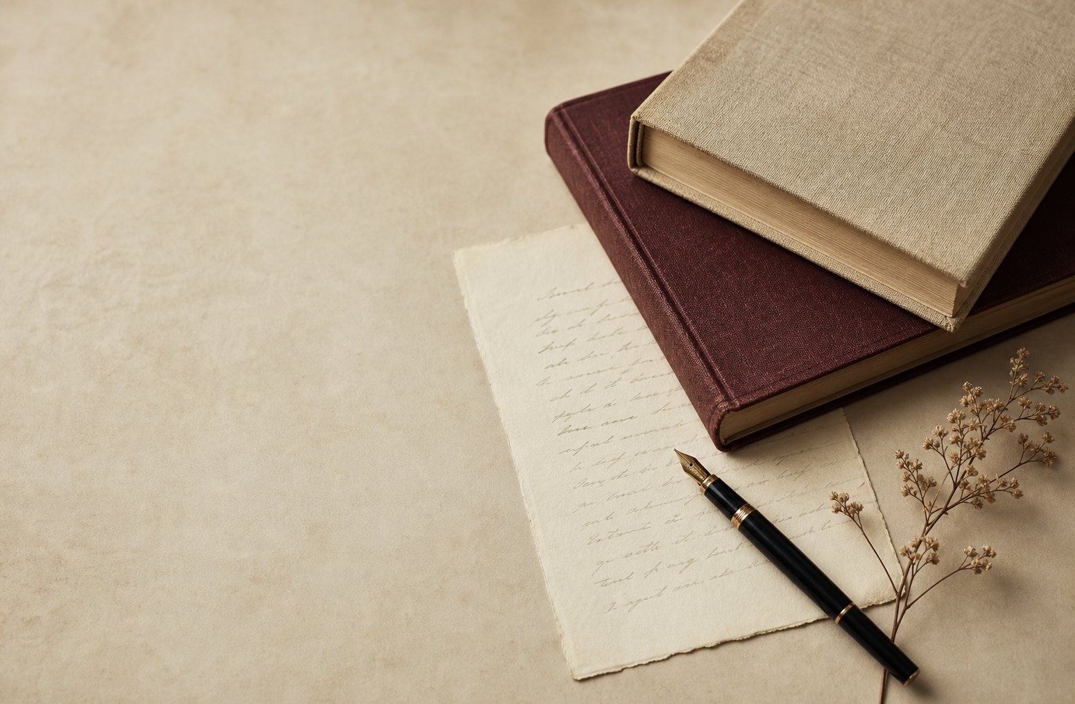Books, handwritten pages, a fountain pen, and a dried botanical sprig