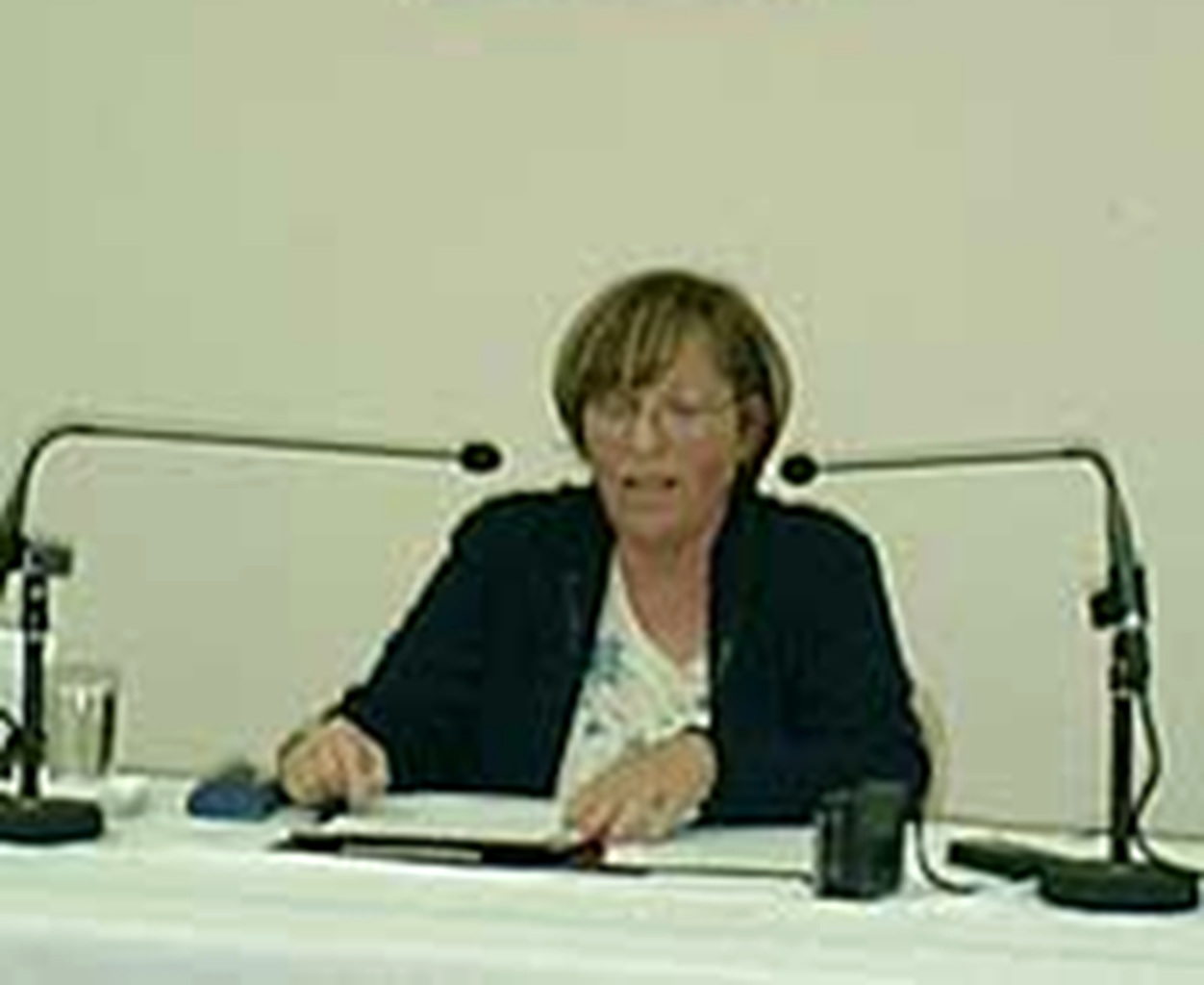 Frieda Haddad Abs seated at a table with two microphones